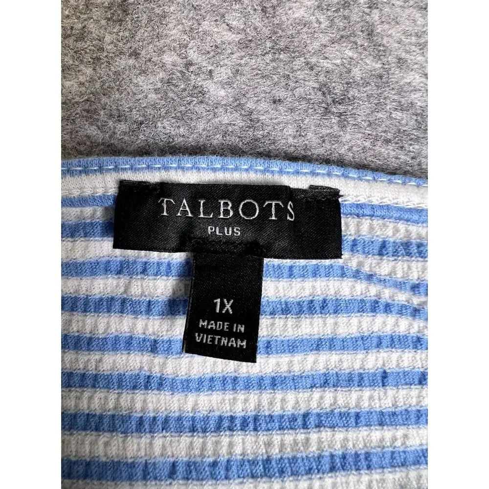 Talbots Plus Women Size 1X Shirt Blue White Striped Button Front Tie Top V Neck - Picture 5 of 6